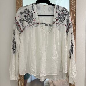 Free People White Blouse with Black and Red Embroidery